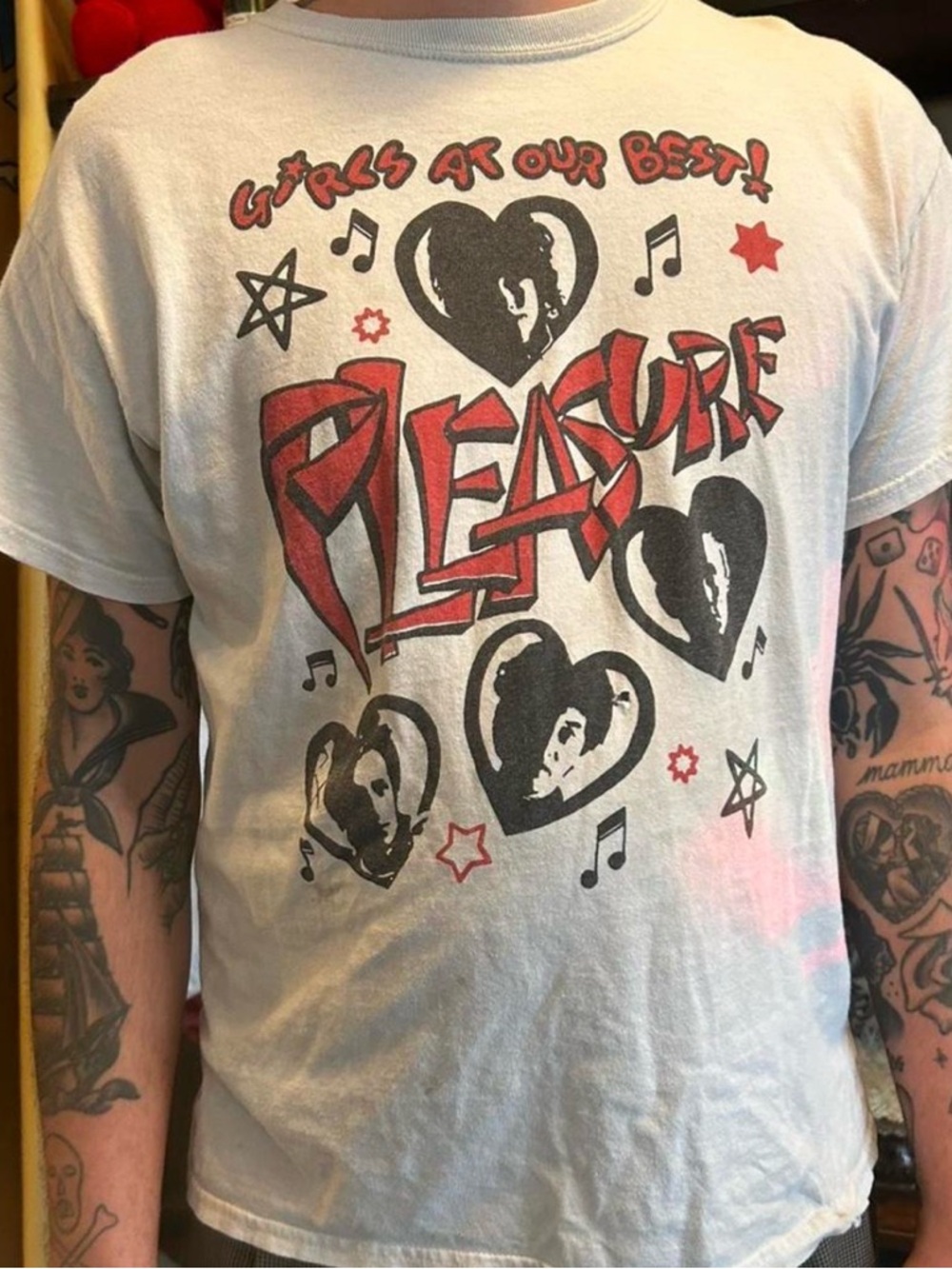 80s Girls at Our Best!! Pleasure!  Graphic Tee in White with Red & Black Print